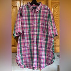 Polo Ralph Lauren Men's Pink and Green Plaid Shortsleeve Button Down Shirt 3XLT
